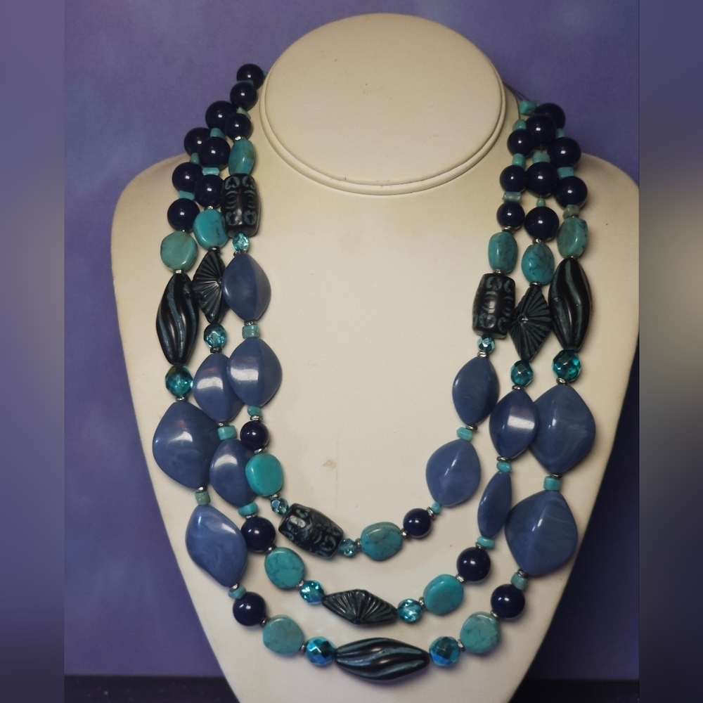 Chico's Vintage Blue Beads Triple-strand Bib Necklace